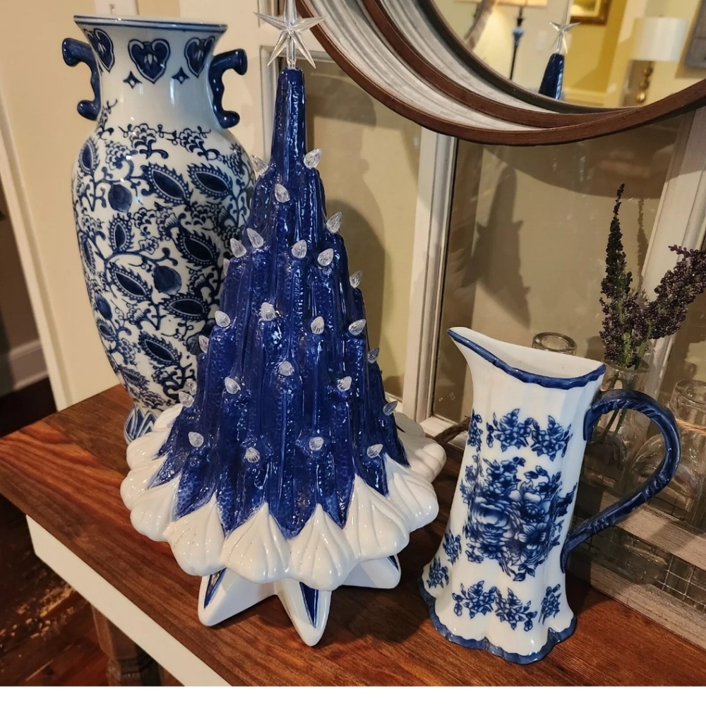 Ceramic Christmas Tree Chinoiserie Inspired Lava Tree Blue White Electric Handma